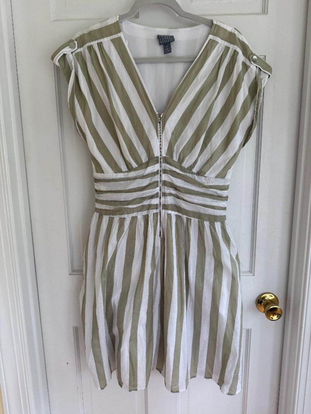 Rabbit Rabbit Rabbit Designs Women's XL Sage White Striped Zip Front Dress